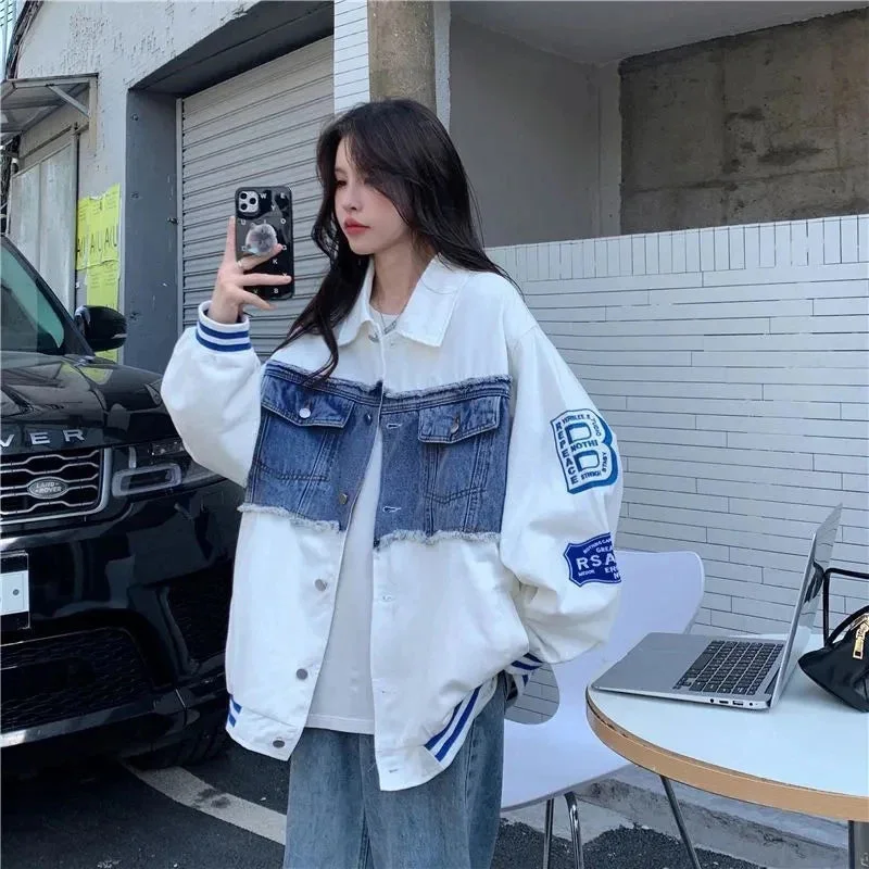 Lunivop Streetwear Bomber Jacket Women Y2K Oversized Denim Patchwork Baseball Coat Vintage Korean Letter Print Casual Outerwear