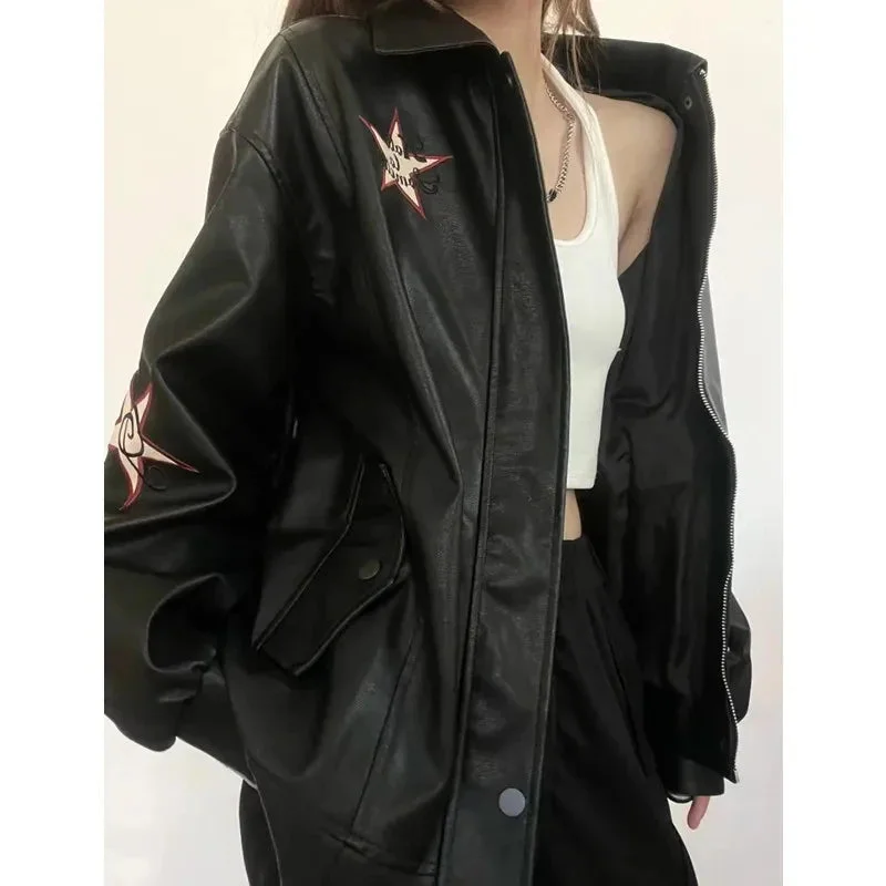 Lunivop Streetwear Pu Leather Jackets Women Oversized Embroidery Coat Harajuku Vintage Turn Down Collar Loose Casual Outwear Tops