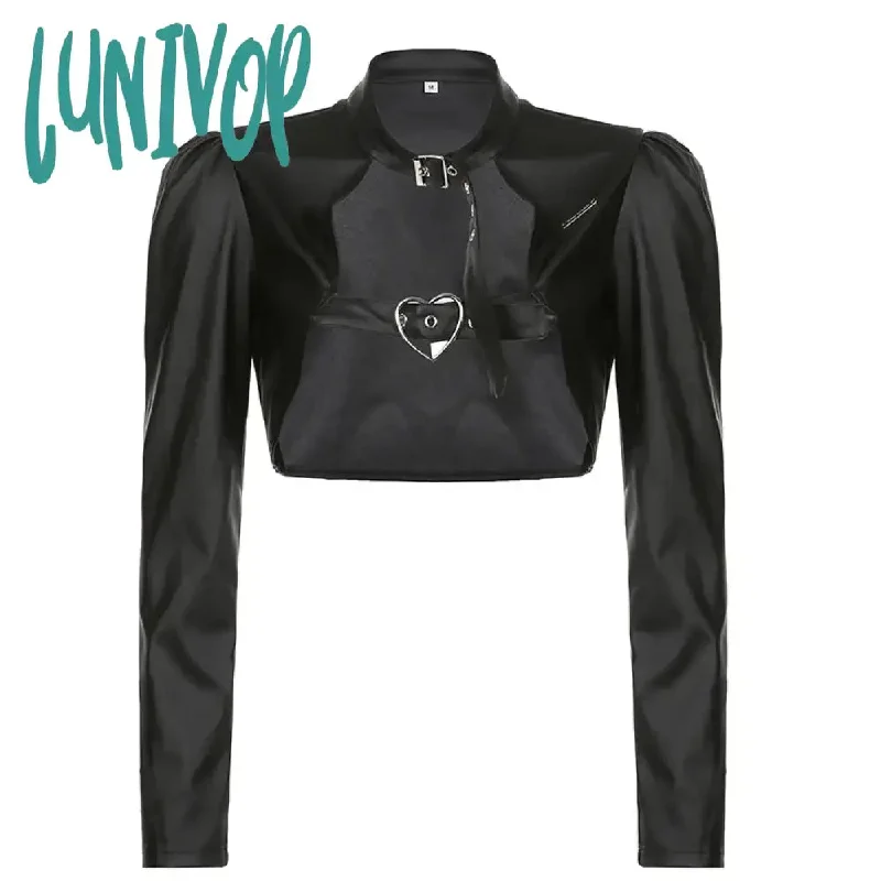 Lunivop Streetwear Punk Style Buckles Black PU Leather Jacket Women Spring Autumn Smock Cropped Coat Cardigan Fashion Outfits