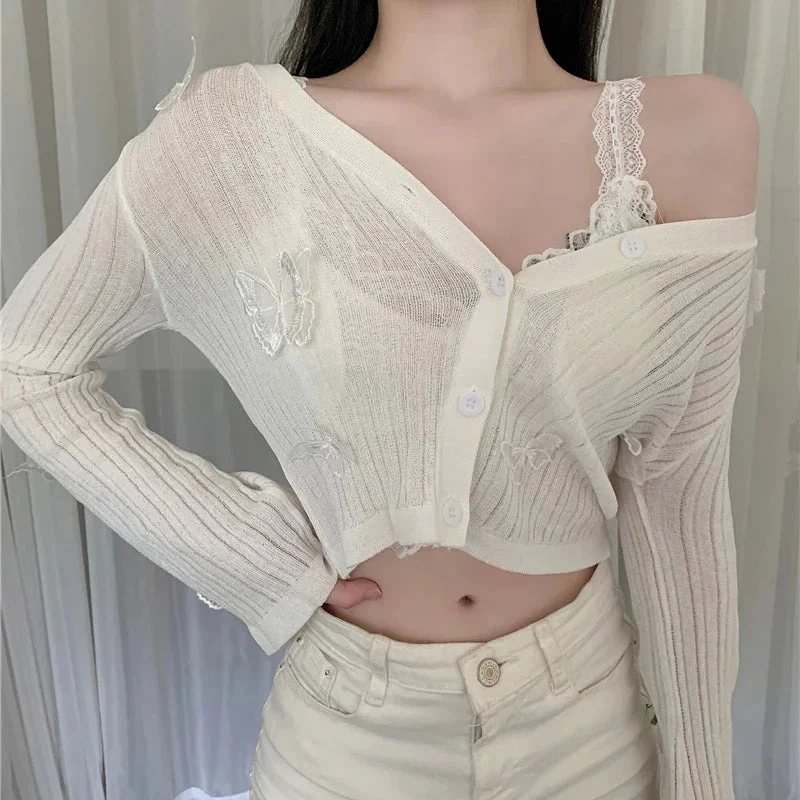 Lunivop Sweet Butterfly Knit Cardigans Women Korean Sexy V Neck Sun-Proof Crop Tops Summer Long Sleeve Sweater Sunscreen Jackets