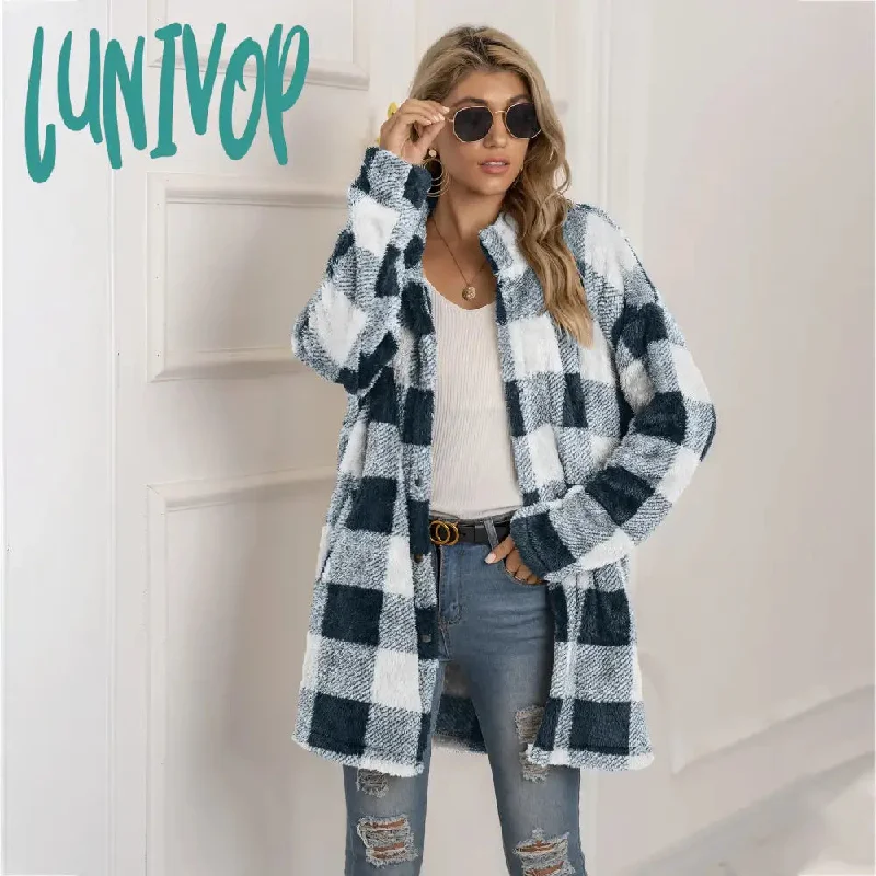 Lunivop Women's jacket wool coat plaid long coat coat fashion long-sleeved jacket women autumn and winter casual jacket women streetwear