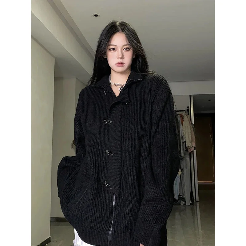 Lunivop Y2K Knitted Cardigan Women Streetwear Black Oversized Sweater Coat Harajuku Gothic Buttons Zipper Knitwear Casual Jumpers