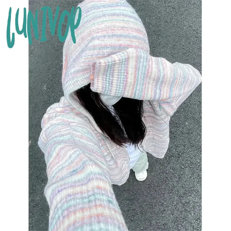 Lunivop Y2K Striped Knitted Cardigan Women Oversized Hooded Sweater Coat Streetwear Korean Zipper Knitwear Harajuku Sweet Casual Jumper