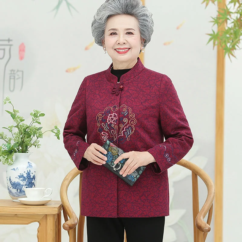 Mandarin Collar Floral Embroidery Woolen Tang Suit Traditional Chinese Jacket Mother's Coat