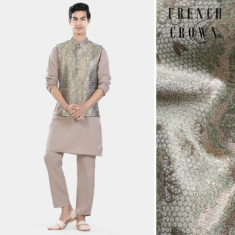 Martini Brown Kurta Set with Envy Green and Opium Brown Geometric Jacquard Textured Designer Nehru Jacket