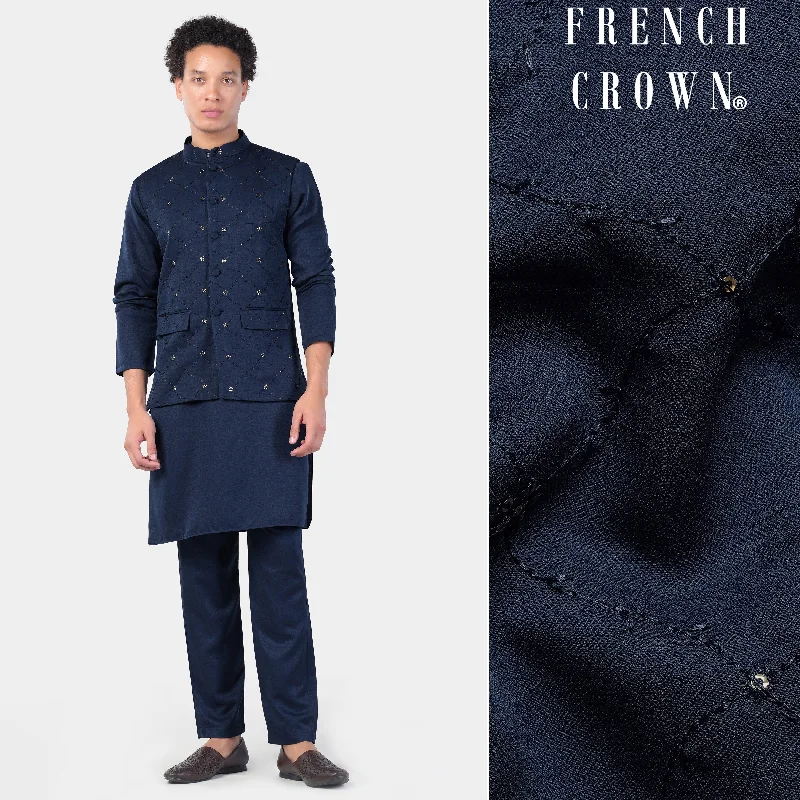 Mirage Blue Subtle Sheen Viscose Kurta Set With floral Thread and Sequin Embroidered Designer Nehru Jacket