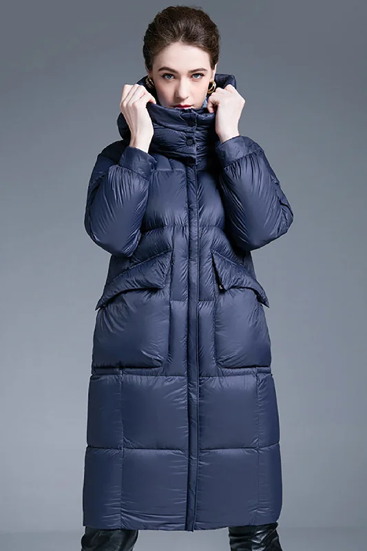 Navy Long Winter Down Jacket With Pockets