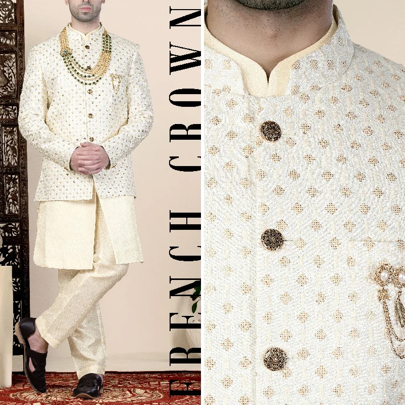 Periglacial Cream Hexagon Thread and Sequin Embroidered Jodhpuri Set