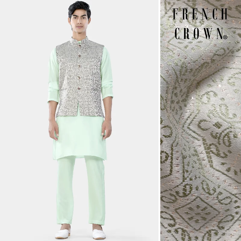 Periglacial Green Kurta Set with Gainsboro Gray and Sage Green Geometric Jacquard Textured Designer Nehru Jacket