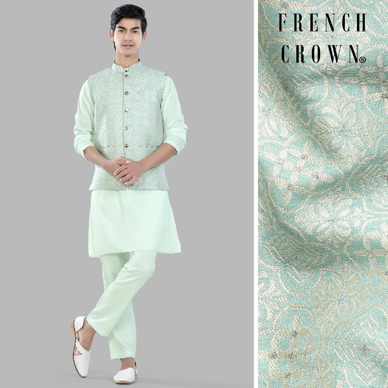 Periglacial Green Kurta Set with Opal Green and White Moroccan Jacquard Textured Designer Nehru Jacket