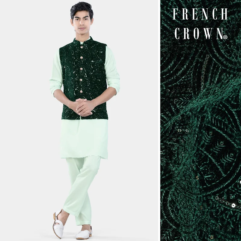 Periglacial Green Kurta Set with Palm and Jewel Green Sequin and Thread Embroidered Designer Nehru Jacket