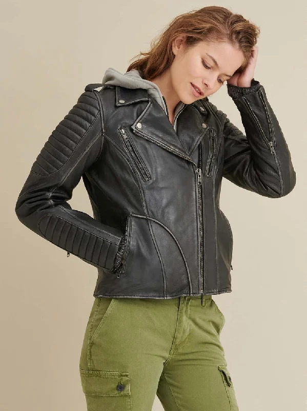 Quilted Shoulder Leather Moto Cycle Jacket Black