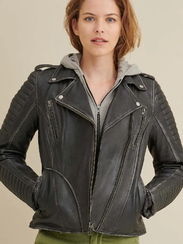 Quilted Shoulder Leather Moto Cycle Jacket Black