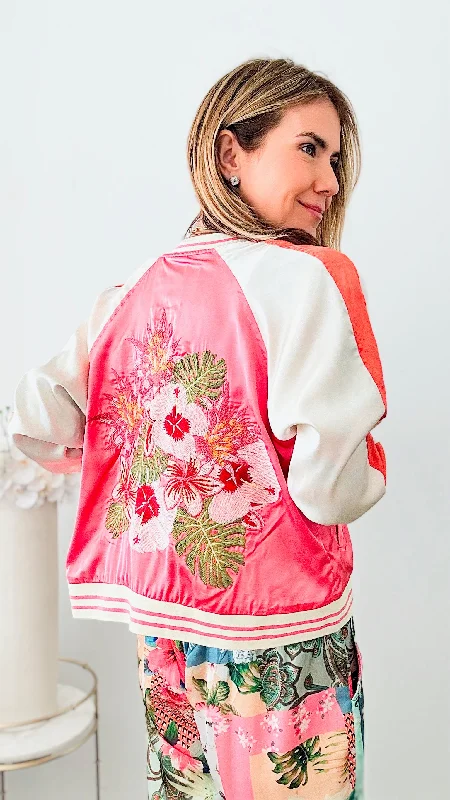 Reversible Patchwork Baseball Jacket-Coral