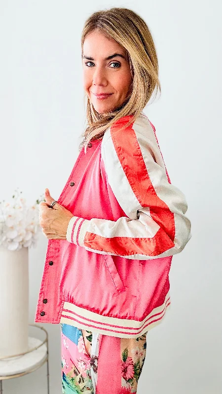 Reversible Patchwork Baseball Jacket-Coral