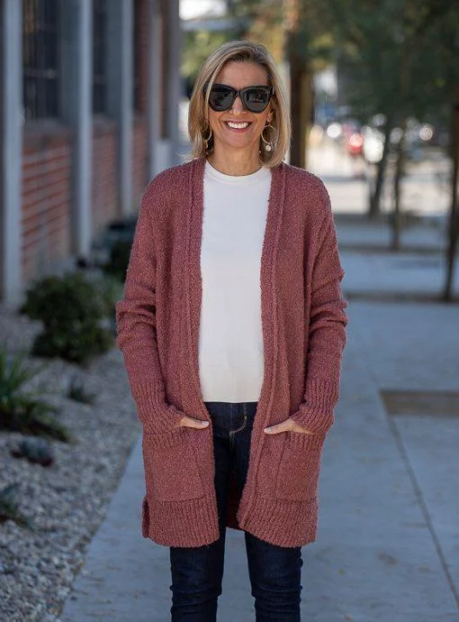 Rosewood Boucle Knit Cardigan with Pockets