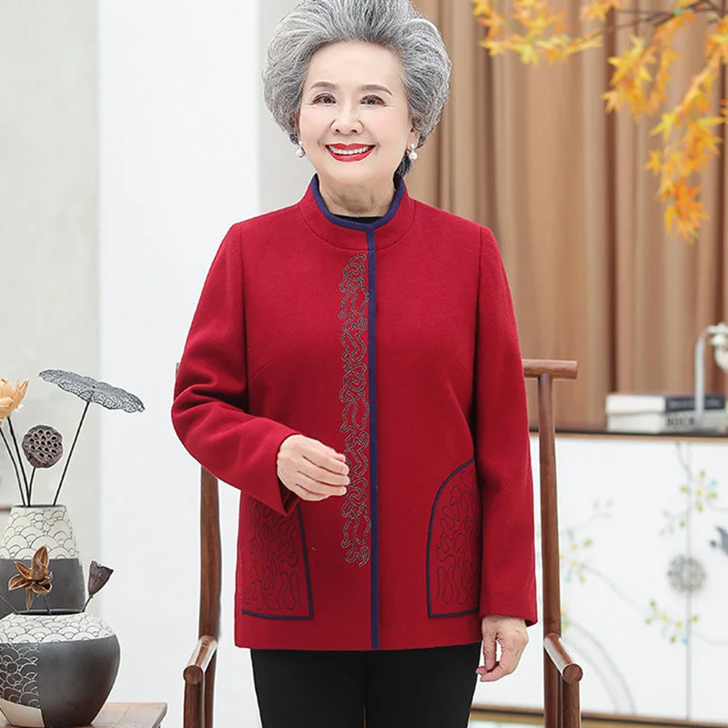 Round Collar Floral Embroidery Woolen Tang Suit Traditional Chinese Jacket Mother's Coat