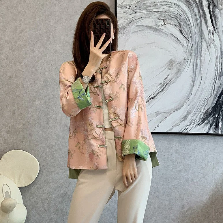 Round Neck Floral Embroidery Women's Traditional Chinese Brocade Jacket