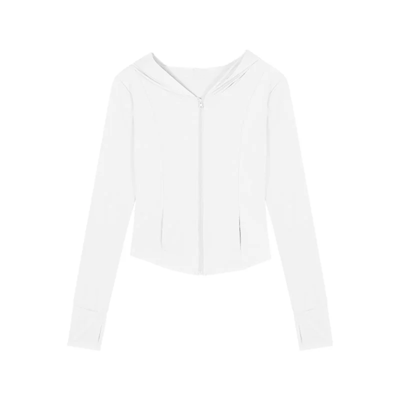 Stacey Solid Color White Long Sleeve Hooded Zip Up Cardigan Sweatshirt