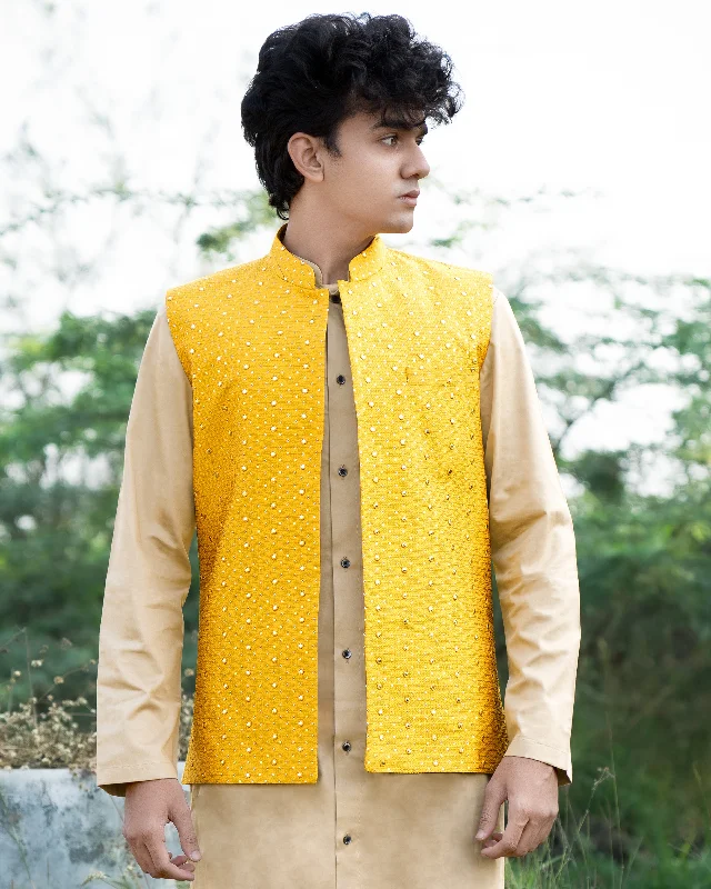 Sunglow Yellow Half-Sleeved Embroidered Work Jacket with Heathered Brown Kurta, Pajama