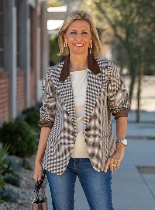 Tan Brown Black Houndstooth Boyfriend Blazer