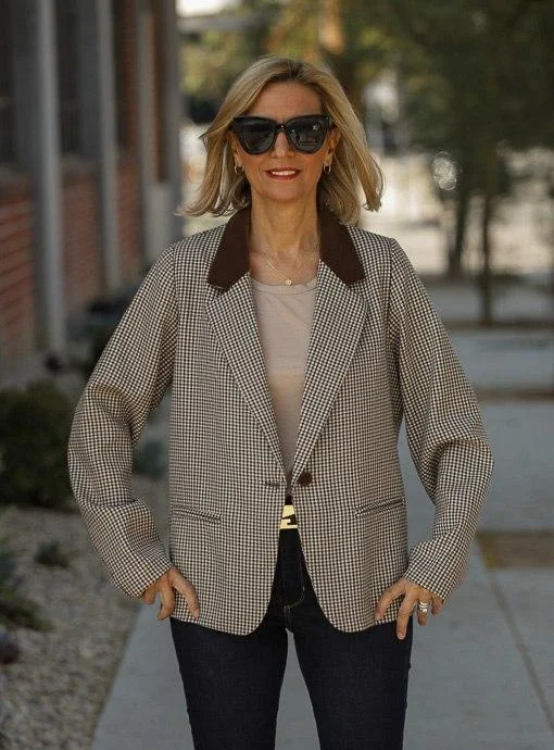 Tan Brown Black Houndstooth Boyfriend Blazer