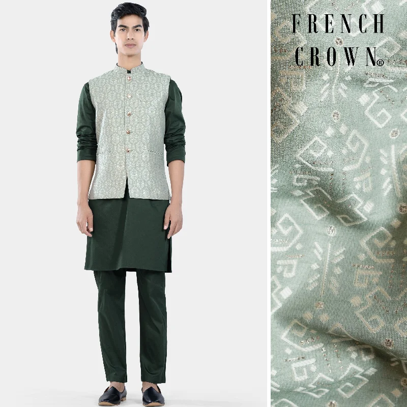 Timber Green Kurta Set with Pumice Green and White Jacquard Textured Designer Nehru Jacket