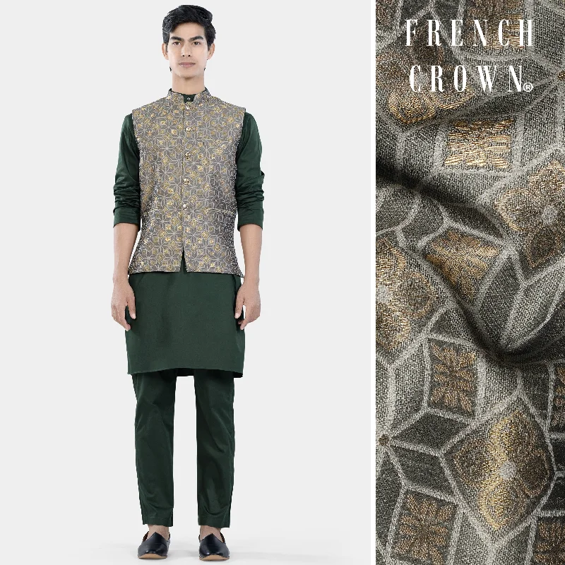 Timber Green Kurta Set with Sorrell Brown and Schooner Gray Geometric Jacquard Textured Designer Nehru Jacket