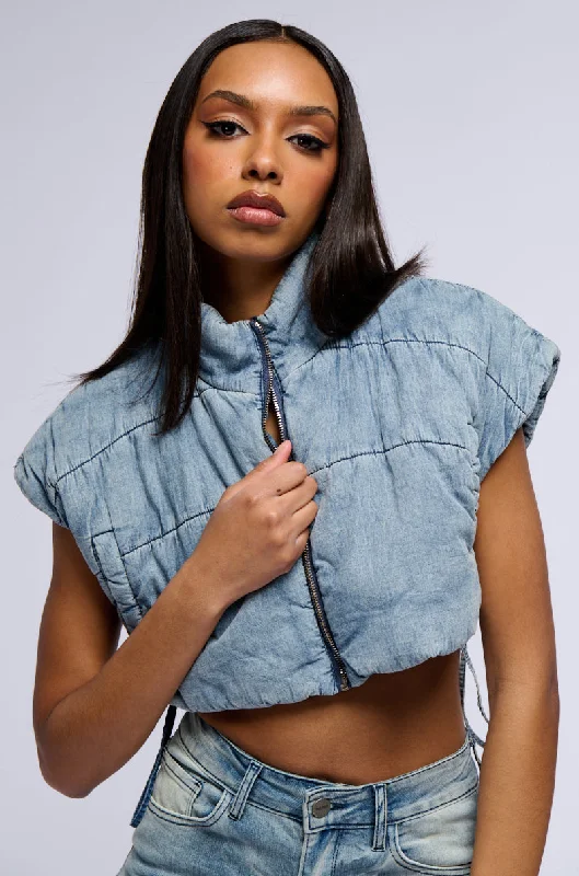 ULTRA CROP DENIM VEST WITH PULL STRINGS