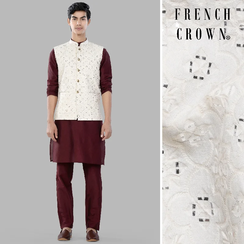 Wine Berry Kurta Set with Ivory Cream Moroccan Thread and Sequin Embroidered Designer Nehru Jacket