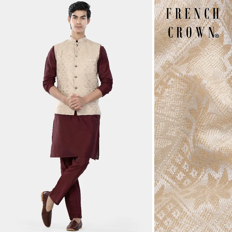 Wine Berry Kurta Set with Merino and Almond Cream Geometric Jacquard Textured Designer Nehru Jacket