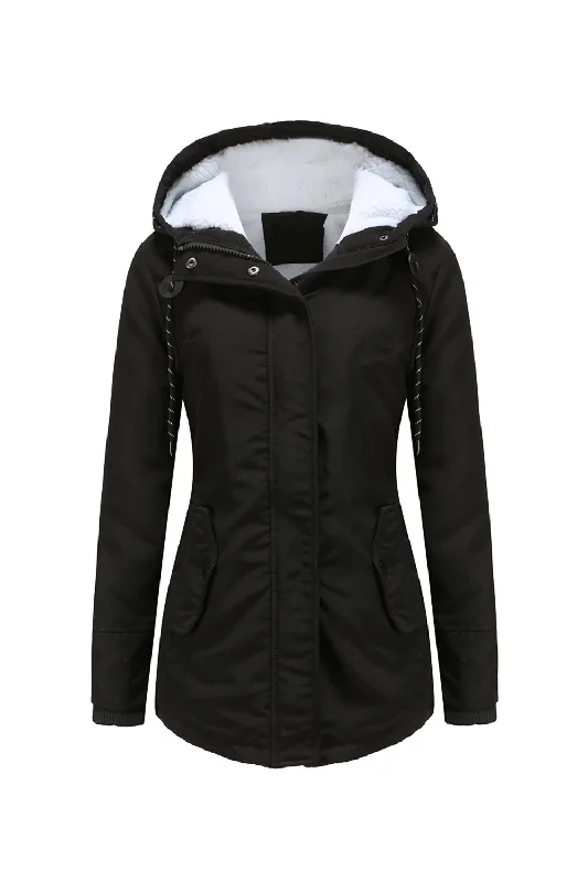 Winter Black Hooded Drawstring ZipperThickened Padded Jacket