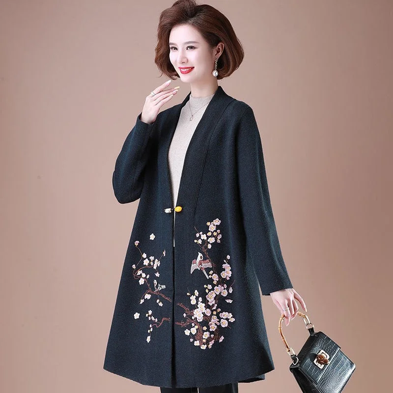 Wintersweet Embroidery Open Front Women's Oriental Wool Knit Coat