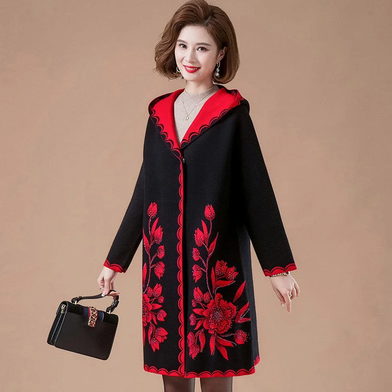 Women's Lapel Collar V Neck Floral Wool Knit Coat